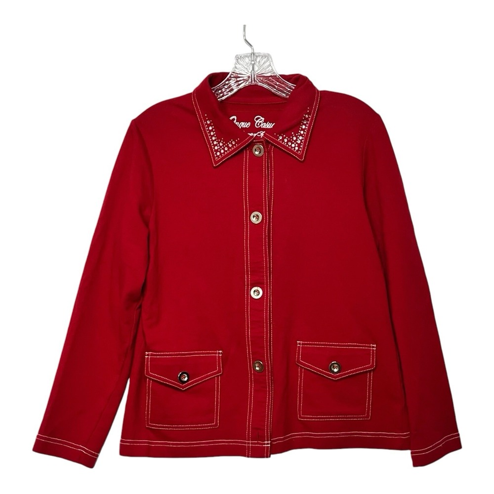Onque Casuals Red Embellished Collar Button Front Jacket Women's Small